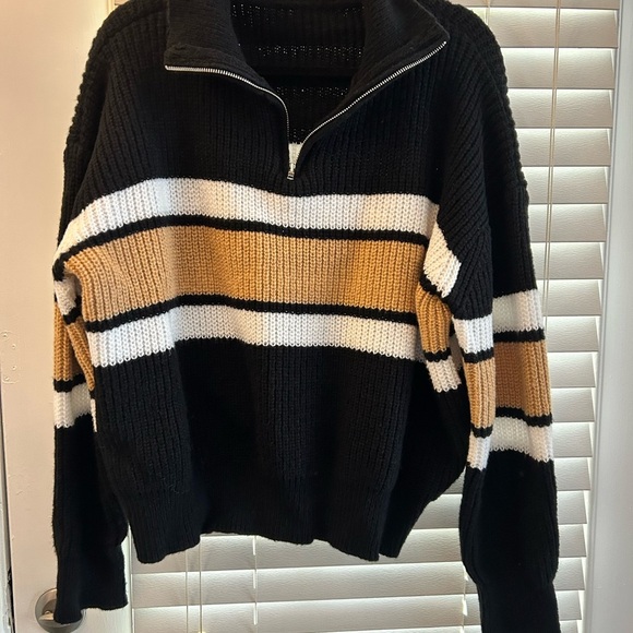 Sweaters - NWOT Black and Tan Striped Half-Zip Sweater